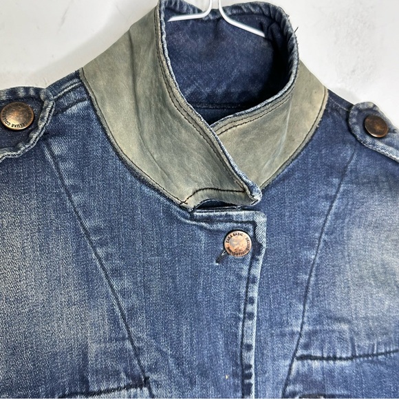 Zara Women’s Blue Distressed Denim Leather Elbow Patches Drawstring Jacket S - Picture 5 of 15